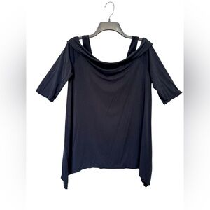 Nine Four One Womens L Black Stretch Knit Cold Shoulder Shark Bite Hem Tunic Top